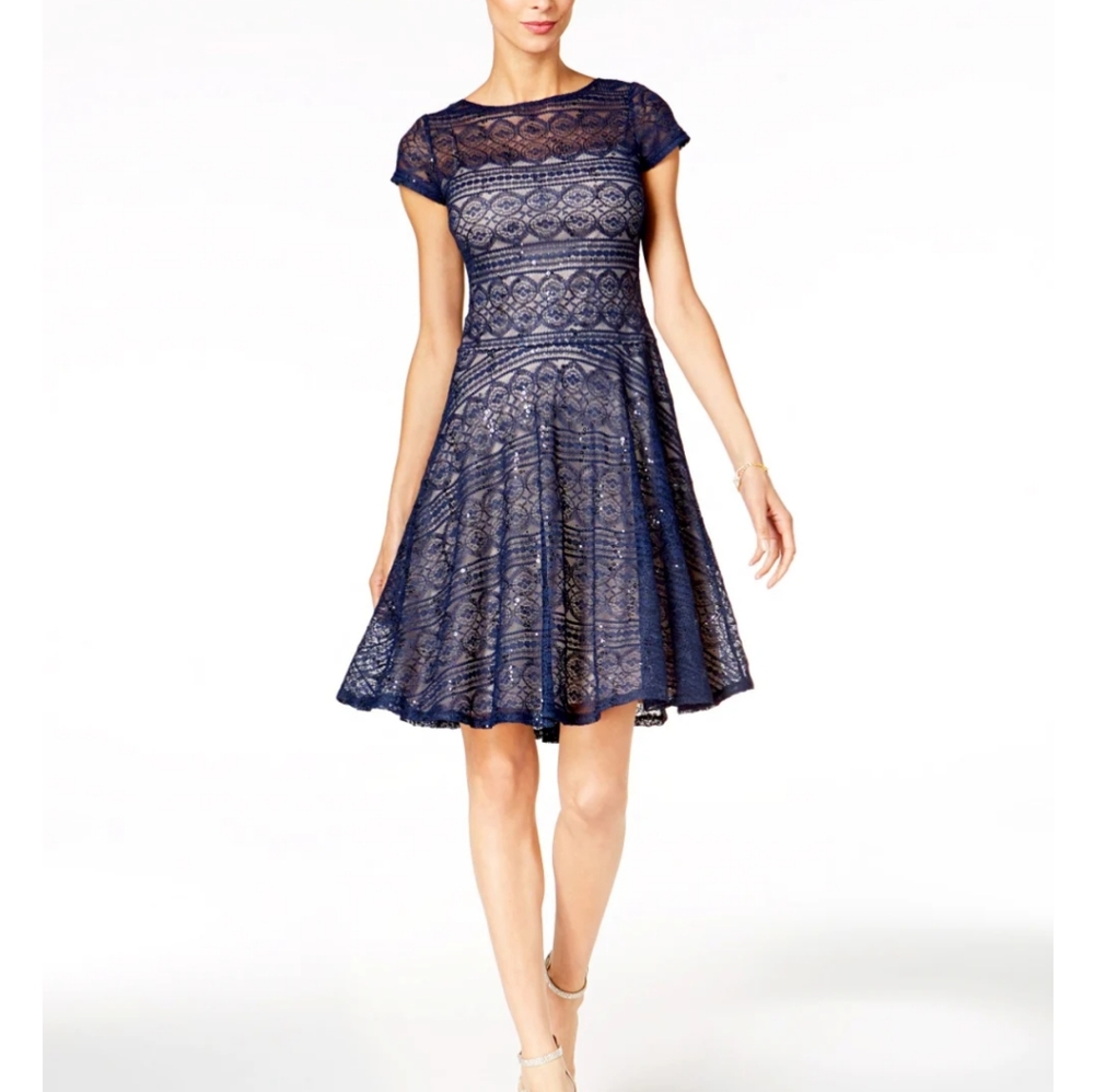 SANGRIA LACE FIT AND FLARE DRESS, BLUE 6 - Picture 1 of 7